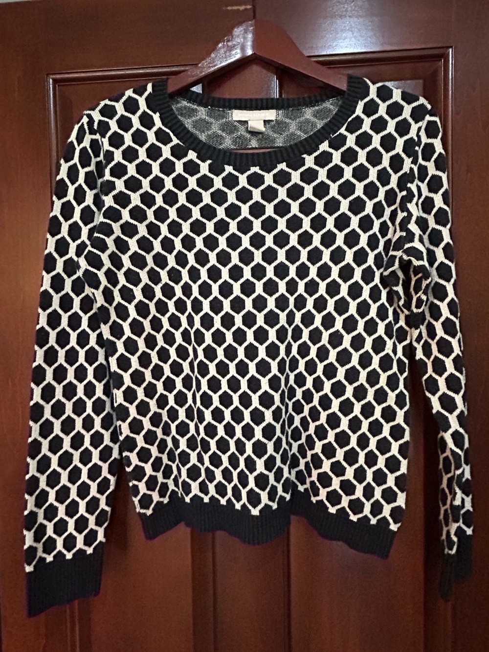 Banana Republic Honeycomb Knit Sweater Women’s M Black Ivory Cotton Cashmere